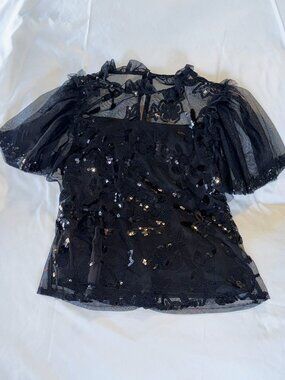 Marc New York Andrew Marc Black Sequin Mesh Ruffle Top Y2K Vintage Size S